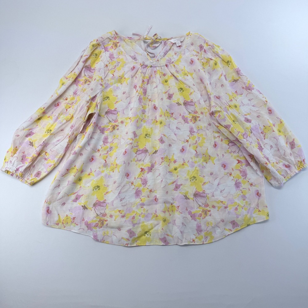 LC Lauren Conrad XXL Floral Blouse Yellow Pink  Balloon Sleeve Back Tie Top